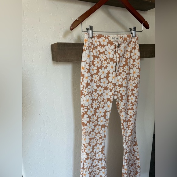 Peach Love California|Boho floral print wide leg bell bottom jeans,neutral tan • - Picture 8 of 15